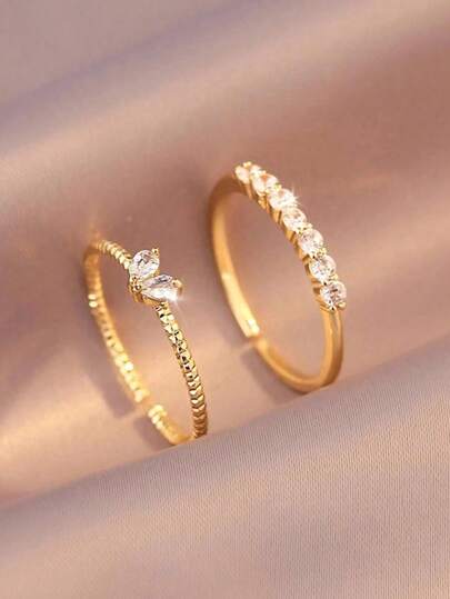 1 件/2 件，铜镀金，爱情情侣金戒指，心连心戒指，女士戒指，女士礼物，情人节求婚/婚礼珠宝礼物，适合宴会、约会、舞会、派对、日常生活佩戴，可调节开口