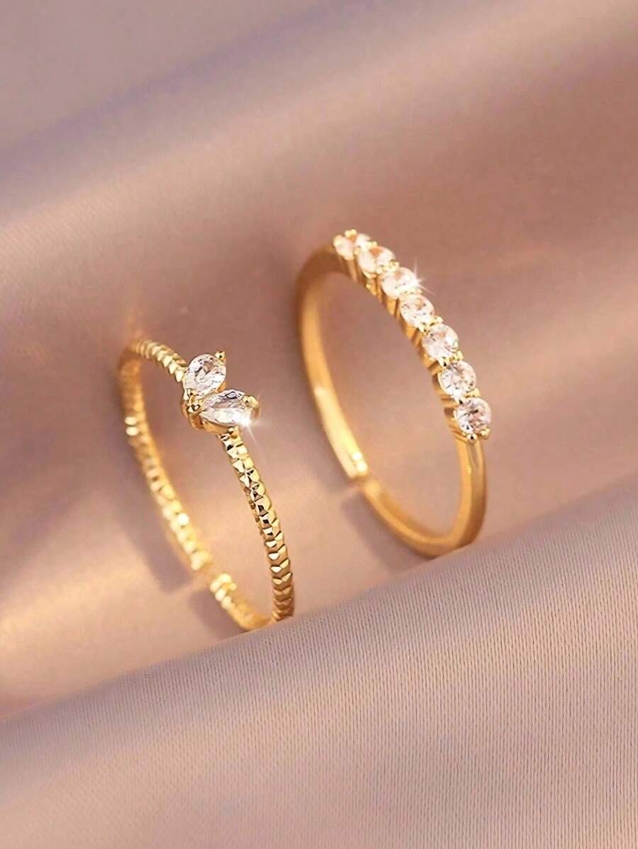 1枚/2枚镀金铜情侣心形戒指，女士戒指，女士礼物，订婚/结婚珠宝礼物，适合宴会、约会、舞会、派对、日常佩戴，开口可调节 - 金黃色 - 查看 1