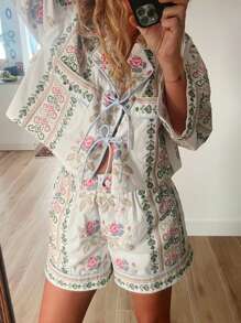 Women's 2 Piece Pajamas Sets Casual Outfits Long Sleeve Oversized Tie Front Shirt Floral/Stripe Print Tops Wide Leg Shorts Sets Loungewear Homewear Sleepwear Summer Clothes - 白色 - 查看 2