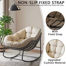 Patio Rocking Chair With Padded Cushion Indoor Outdoor Comfy Papasan Rocker Chair With Upgraded Steel Frame Oversized Rattan Egg-Shaped Lounge Chair For Front Porch, Garden, Bedroom - Beige - View 4
