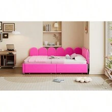 Sofá cama tapizado de tamaño completo con 2 cajones, cabecero de tela suave, sin necesidad de somier, color rojo rosa