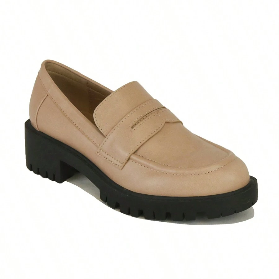 Womens Loafers, Lug Sole Slip On Platform Chunky Penny Loafers For Women Dressy And Work, Business Casual Shoes For Women Round Toe Chunky Sole Loafer - Màu khỏa thân - Xem 1
