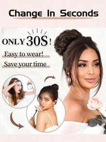 合成发髻接发凌乱卷曲弹力发圈假发发髻甜甜圈发髻女士合成凌乱发髻发圈假发带辫子弹力发片女士合成卷曲马尾 - 自然黑 - 查看 8