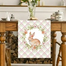 1pc Spring Easter Polyester Table Runner, 12.99x70.87 Inch, Rabbit, Wreath, Plaid Decor For Dining Table, Suitable For Holiday Room, Fireplace, Cabinet Decoration, Party Festival Decorations, Farmhouse Decor