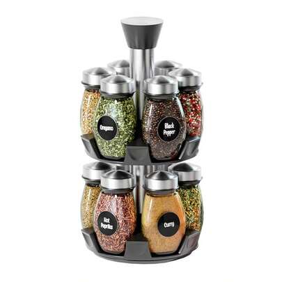 Organizador especiero giratorio 360º + Set 12 frascos especieros de vidrio y etiquetas, Bluelander.