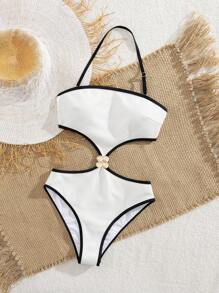 时尚优雅女士无袖露背罗纹针织镂空金属环扣连体泳衣，后背系带设计，特殊面料连体泳衣比基尼 - 白色 - 查看 7