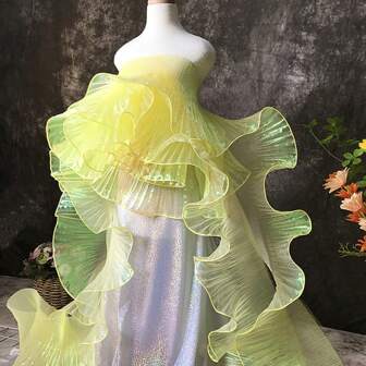 2 Yards Mermaid Gradient Organza Fabric With Ruffle Edge, 3D Pleated Big Flounce Decorative Material