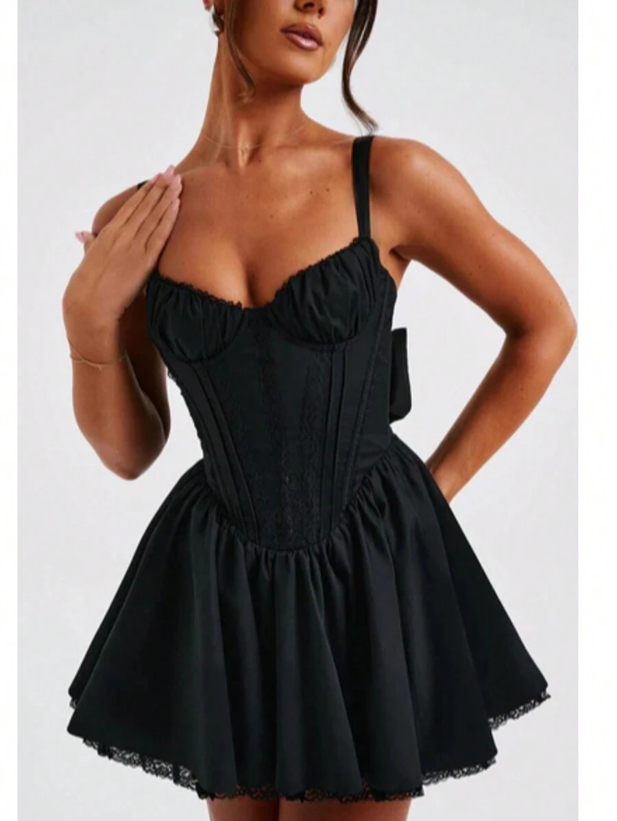 Women's Mini Corset Dress Sexy Deep V Neck Backless Sleeveless Ruffle Hem A-Line Dress For Party Club - 黑色 - 查看 1