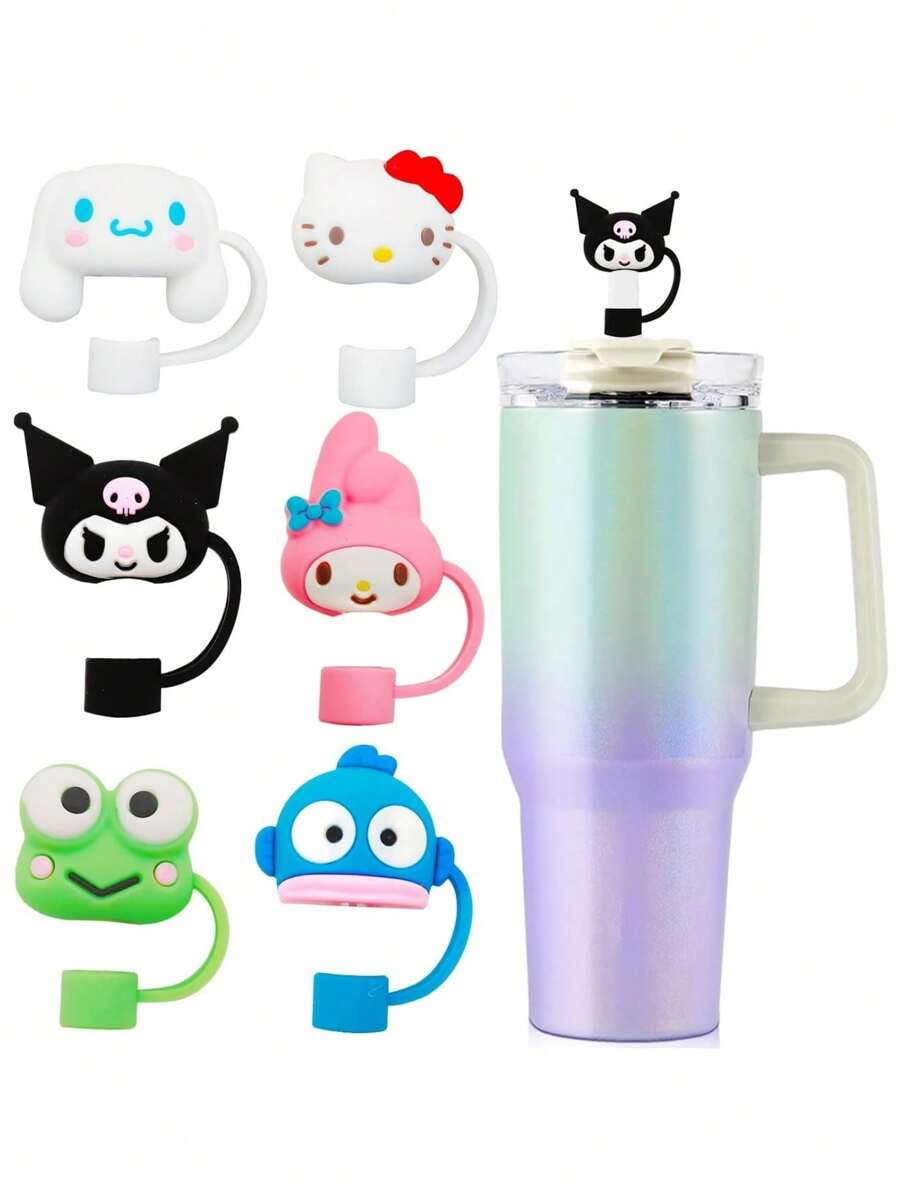 Sanrio 6pcs Kawaii Cartoon Silicone Cute Straw Cover Cap For Cup, Straw Topper Compatible With 30&40 Oz Tumbler, Cute Silicone Tips Lids Protectors For 0.4 In/10mm Party Cups Accessories Back To School