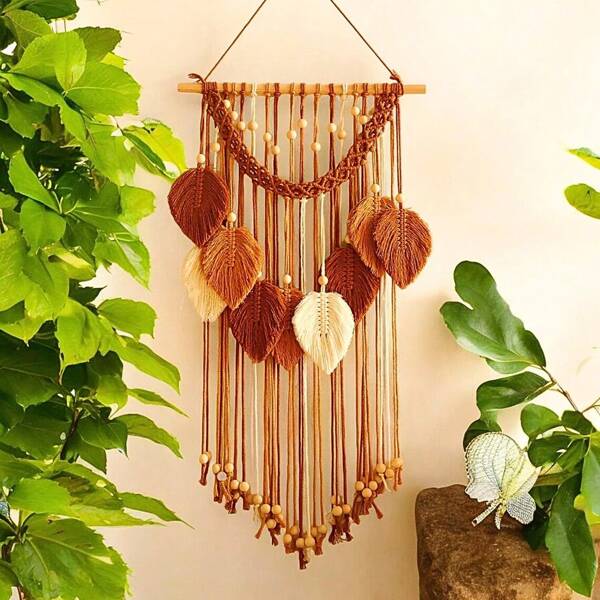 1pc Macrame Wall Hanging, Boho Style Wall Decor Tapestry, Handmade Woven Lace Fringe Leaf Background Decoration