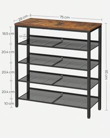 VASAGLE 5-Layer Shoe Rack, High Shoe Storage With 4 Mesh Shelves And Large Top For Bags, Space Saving For Entrance, Hallway, Steel, Industry, Rustic Brown And Black - Rust Brown - View 10
