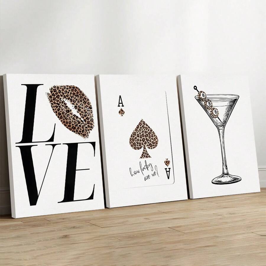 3pcs Vintage Wall Arts Leopard Wall Art Apartment Decor Aesthetic Posters Quotes,Bedroom Living Room Hallway Decoration,Martini Print Eight Ball Poster Ace Of Spades Lucky Girl Decor,Wall Art Decorative Murals, Home Decor, Poster Art,Canvas Wall Posters Gifts Birthday Graduation - Multicolor - View 1