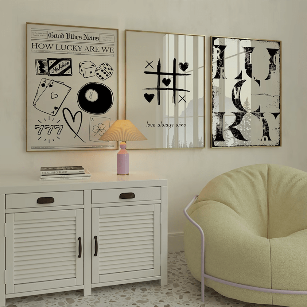 Conjunto de 3 impresiones artísticas en lienzo con arte lineal de estilo retro de los años 70 en blanco y negro, "El amor siempre gana", "Qué suertudos somos", arte funk Y2K, decoración vintage preppy para pared, un gran regalo para el Día de San Valentín para dormitorios juveniles, salas de estar, dormitorios, estudios de moda, sin marco