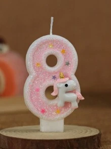 1 pieza Vela de unicornio rosa brillante con número numérico creativo [0-9] para tarta de cumpleaños, decoración de fiesta