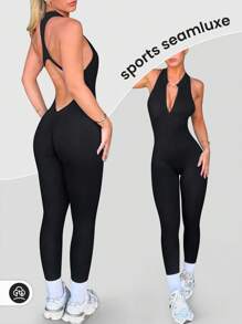 Women's Workout Jumpsuit Zipper Jumpsuit Pants Tight And Sexy Jumpsuit Pants Spring And Summer Style - 黑色 - 查看 3