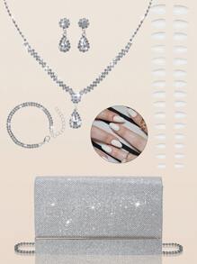 Bolso de embrague de fiesta cuadrado elegante y lujoso para mujer, bolso de fiesta de lujo y de moda con cadena de metal, kit de 24 uñas postizas elegantes y de unicolor extraíbles con brillantes, pendientes con pedrería, collar colgante y pulsera, adecuado para mujeres y niñas para banquetes, bailes, fiestas y bodas.