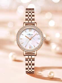 ABORNI 1pc Relógio de quartzo feminino da moda com mostrador pequeno, detalhes em strass, design minimalista, à prova d'água