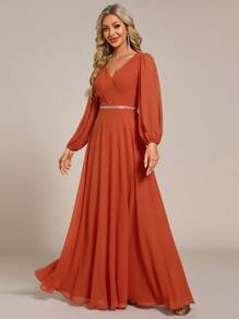 Elegant Spring Solid Color Lantern Sleeve V-Neck Rhinestone Decor Chiffon Burnt Orange Bridesmaid Dresses, Long Sleeve Dress, Wedding Guest Gown Formal Dresses For Wedding - Burnt Orange - View 3