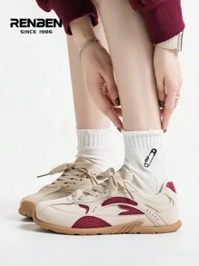 RENBEN 1 par de zapatillas planas de estilo alemán para mujer, nuevas para otoño/invierno 2024, versátiles, calzado deportivo de nicho, zapatos de suela de goma