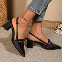 Sandali con punta affusolata, tacco alto e spesso, per donna di taglia grande, con decorazione fiocco, chiusi, adatti per vestiti, estivi e alla moda - nero - Visualizzare 3