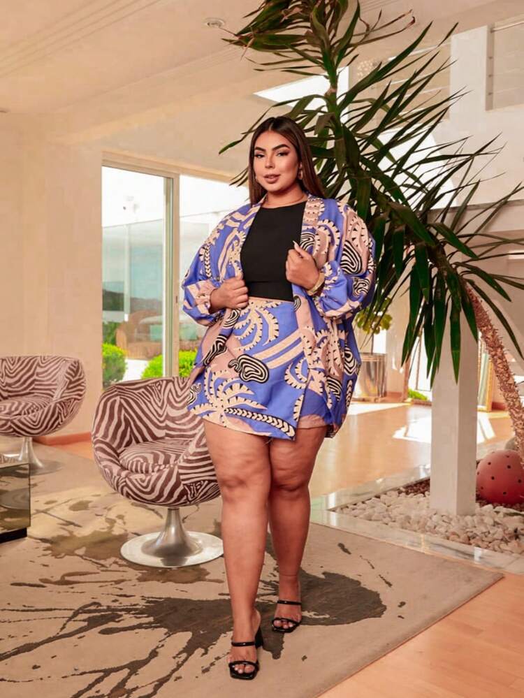 Plus Size 2-Piece Shorts And Kimono Set - 中紫紅色 - 查看 4