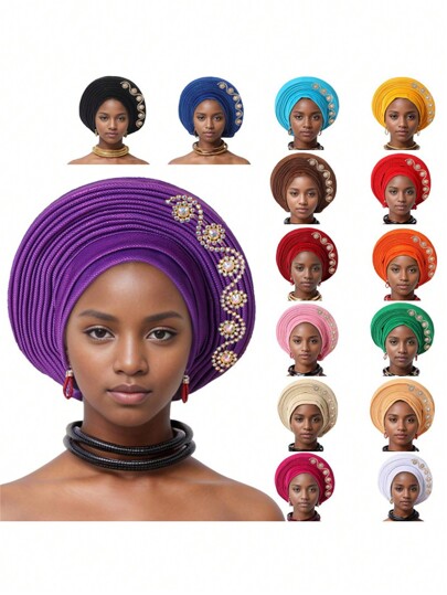 1pc African Style Head Wrap With Layered Bejeweled Edge Head WrapAccents, Laminated Strap Cap, Traditional African Turban Hat For Women Personalized Elastic Headwear