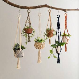 1 pieza Colgador de plantas de macramé, estilo bohemio, cesta colgante para plantas de interior, soporte decorativo tejido a mano con borlas - Maceta y planta no incluidas, decoraciones de boda, regalos de boda, decoraciones para el hogar