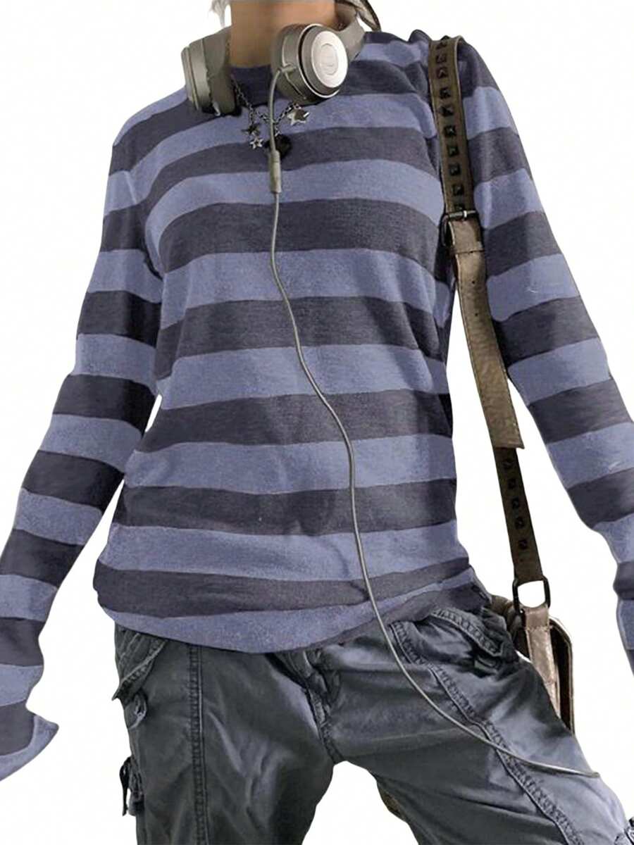 Women Y2k Striped Long Sleeve Tops Fairy Grunge Color Block Round Neck ...