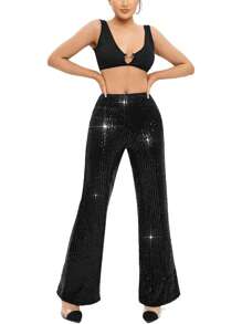 Women Flare Pants, Shiny Sequined Stretchy Slim Fit Ladies Long Trousers For Club Bar - màu đen - Xem 1