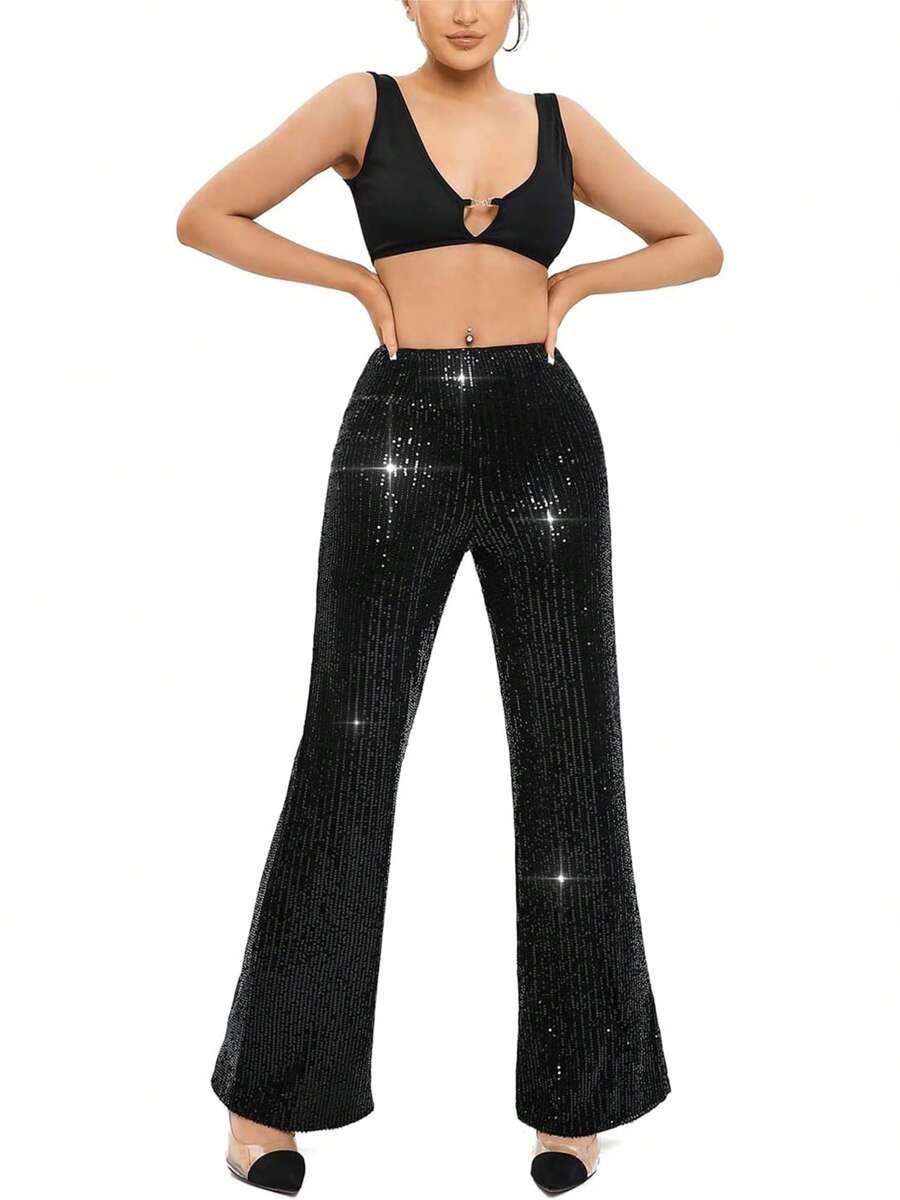 Women Flare Pants, Shiny Sequined Stretchy Slim Fit Ladies Long Trousers For Club Bar - màu đen - Xem 1