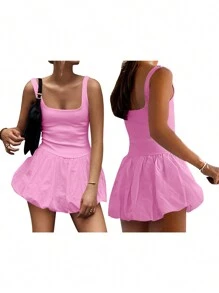 Women's Mini Tank Dress Square Neck Sleeveless Backless A-Line Solid Color Puffball Dress For Party Club