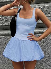 Women's Mini Tank Dress Square Neck Sleeveless Backless A-Line Solid Color Puffball Dress For Party Club - Blue - View 6
