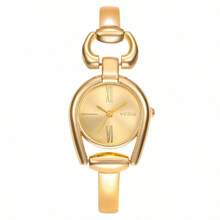 1pc Women's Simple Horseshoe Shaped Gold Case Colorful Dial Metal Alloy Band Fashion Quartz Watch, Suitable For Daily Wear
