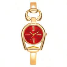 1pc Women's Simple Horseshoe Shaped Gold Case Colorful Dial Metal Alloy Band Fashion Quartz Watch, Suitable For Daily Wear