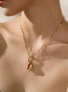 1Pc Versatile Fashion Classic Red Bull Horn Sacred Heart Rock Gesture Detachable Pendant Necklace, Stainless Steel Plated Genuine Gold Color Preserving Waterproof, Women Gifts, Women's Jewelry