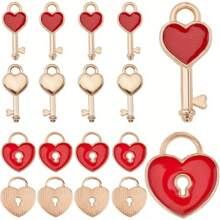 10Pcs Alloy Heart Lock & Key Charms Set, Enamel Red Love Pendant For DIY Jewelry Making, Wedding Anniversary Bracelet Crafting, Valentine'S Day Gift - Red Key Lock Pendant - View 1