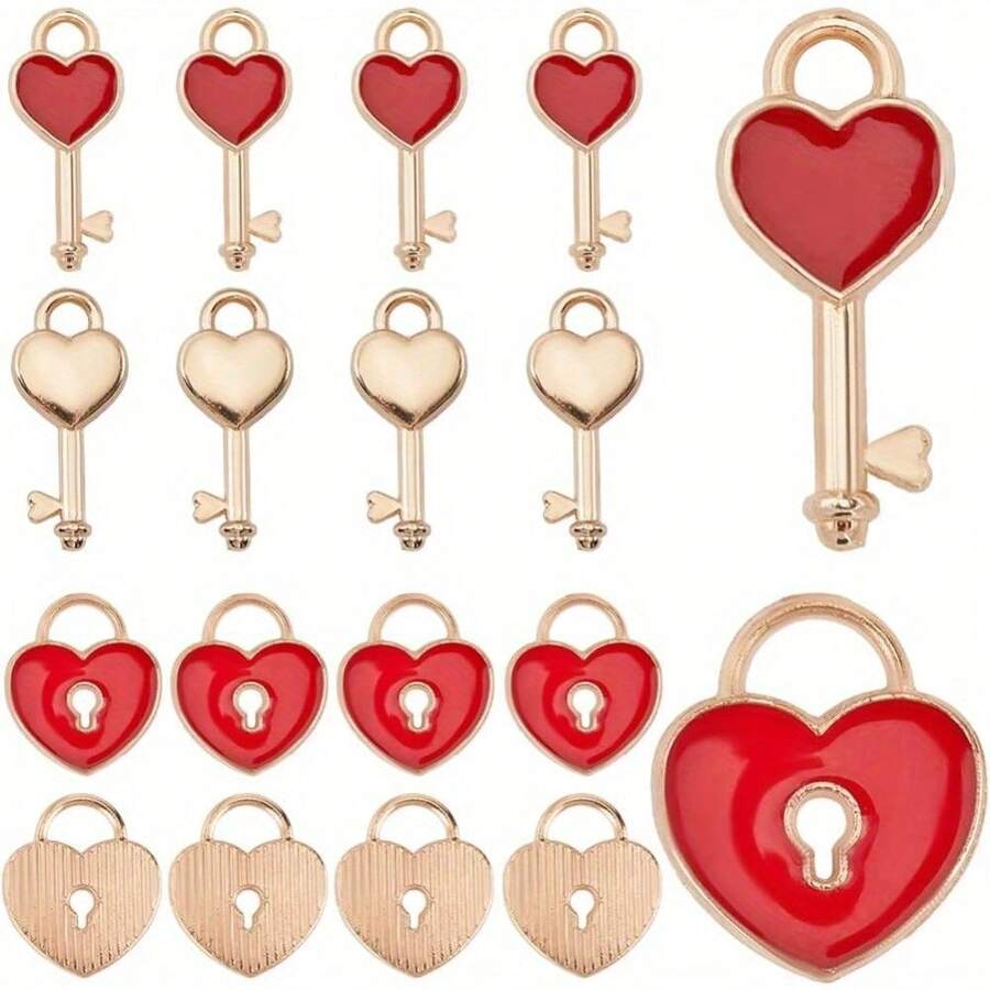10Pcs Alloy Heart Lock & Key Charms Set, Enamel Red Love Pendant For DIY Jewelry Making, Wedding Anniversary Bracelet Crafting, Valentine'S Day Gift - Red Key Lock Pendant - View 1