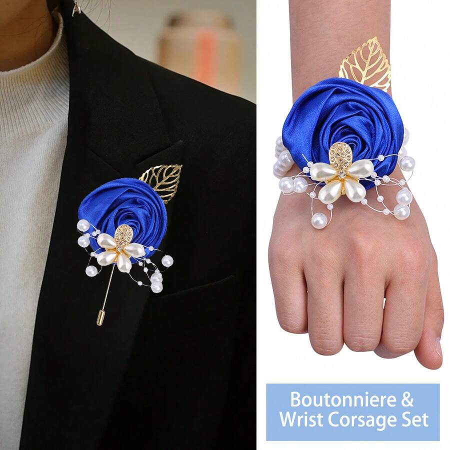 胸花 + 腕花/套装，男士伴郎海军蓝水钻金叶胸花，新娘仿珍珠仿玫瑰腕花伴娘/舞会套装，婚礼，毕业典礼，派对用品，多色情人节 - 手腕+胸花套裝 - 查看 1