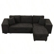 104.5" Modern L-Shape 3 Seat Reversible Sectional Couch Pull Out Sleeper Sofa With Storage Chaise And 2 Stools For Living Room Furniture Set Charcoal Grey
