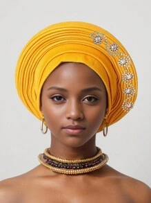 1pc African Style Head Wrap With Layered Bejeweled Edge Head WrapAccents, Laminated Strap Cap, Traditional African Turban Hat For Women Personalized Elastic Headwear
