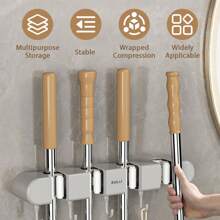 Broom Mop Holder With Hooks Wall Mounted Broom Storage Rack No Drilling Self-Adhesive Mop Broom Organizer Mop Holder Hanger For Bathroom Office Kitchen Closet Garage