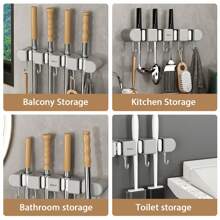 Broom Mop Holder With Hooks Wall Mounted Broom Storage Rack No Drilling Self-Adhesive Mop Broom Organizer Mop Holder Hanger For Bathroom Office Kitchen Closet Garage