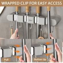 Broom Mop Holder With Hooks Wall Mounted Broom Storage Rack No Drilling Self-Adhesive Mop Broom Organizer Mop Holder Hanger For Bathroom Office Kitchen Closet Garage