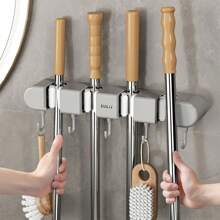 Broom Mop Holder With Hooks Wall Mounted Broom Storage Rack No Drilling Self-Adhesive Mop Broom Organizer Mop Holder Hanger For Bathroom Office Kitchen Closet Garage