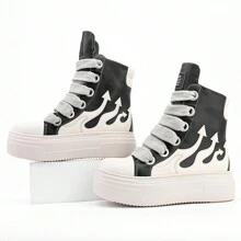 Men's High Top Thick Sole Thick Laces Casual Fashion Comfortable Classic Burning Flame Board Shoes Comfortable Sports Shoes - 黑色 - 查看 4