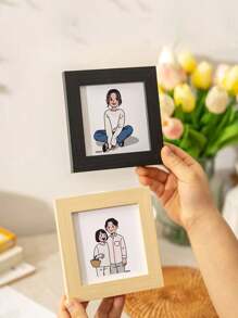 1pc 4 Inch Mini Square Wooden Frame, Creative Cartoon Photo Frame, Tabletop Decor Frame, Gift For Wedding Anniversary, Family Photo Display Gifts Birthday Graduation
