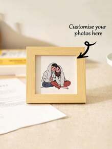 1pc 4 Inch Mini Square Wooden Frame, Creative Cartoon Photo Frame, Tabletop Decor Frame, Gift For Wedding Anniversary, Family Photo Display Gifts Birthday Graduation