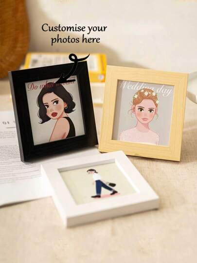 1pc 4 Inch Mini Square Wooden Frame, Creative Cartoon Photo Frame, Tabletop Decor Frame, Gift For Wedding Anniversary, Family Photo Display Gifts Birthday Graduation,Graphic Print