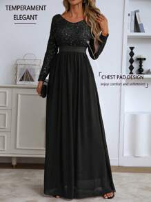 Women's Elegant Contrast Sequin Long Evening Dress, Formal Cocktail Party Gown, Wedding Guest Dress, Prom Dress - Black - View 1