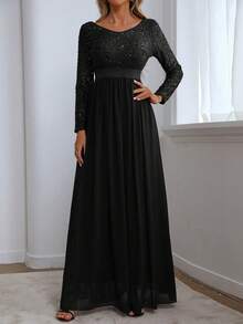 Women's Elegant Contrast Sequin Long Evening Dress, Formal Cocktail Party Gown, Wedding Guest Dress, Prom Dress - Black - View 3